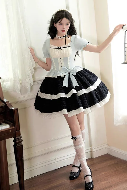 Popular unclassified dressesBlack/Blue Mint Dark Chocolate Fake Two-piece Square Collar Ruffle Bowknot Sweet Lolita Dress Popular unclassified dresses