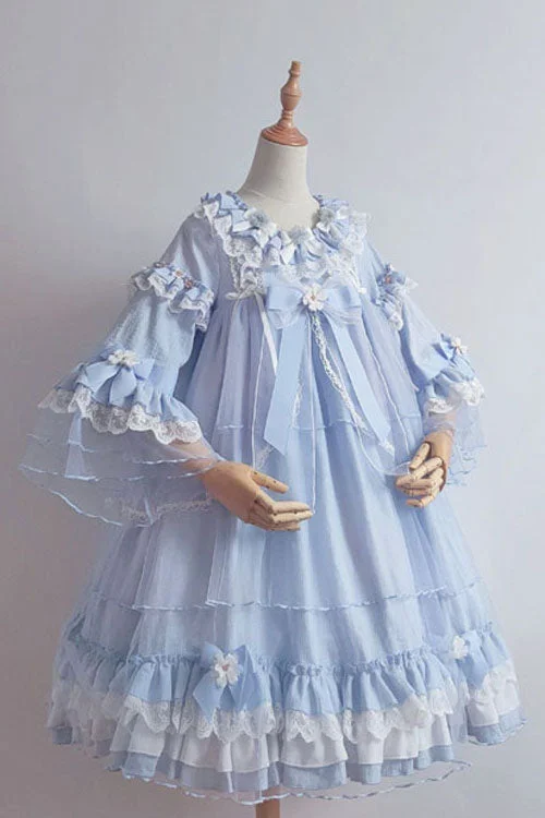 Halter unclassified dressesBlue Bowknot Trumpet Sleeves Multi-Layer Ruffled Sweet Lolita OP Tiered Dress Halter unclassified dresses