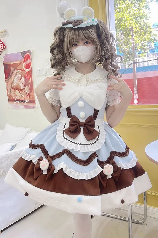 Formal unclassified dressesBlue/Brown [Cream Snow Cat] Winter Ruffle Bowknot Sweet Lolita Jsk Dress Formal unclassified dresses