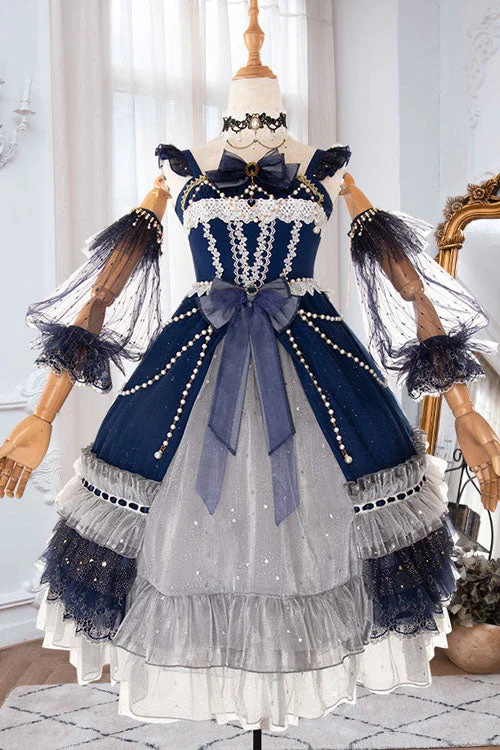 A-line unclassified dressesBlue Gorgeous Starry Sky Bowknot Pearl Chain Decoration Multi-Layer Ruffled Sweet Lolita JSK Tiered Dress A-line unclassified dresses