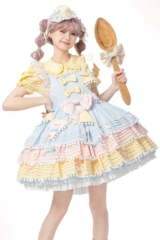 Open-back unclassified dressesBlue/Pink/Yellow Sweetheart Macaron Ice Cream Multi-Layered Ruffle Bowknot Sweet Lolita Dress Open-back unclassified dresses