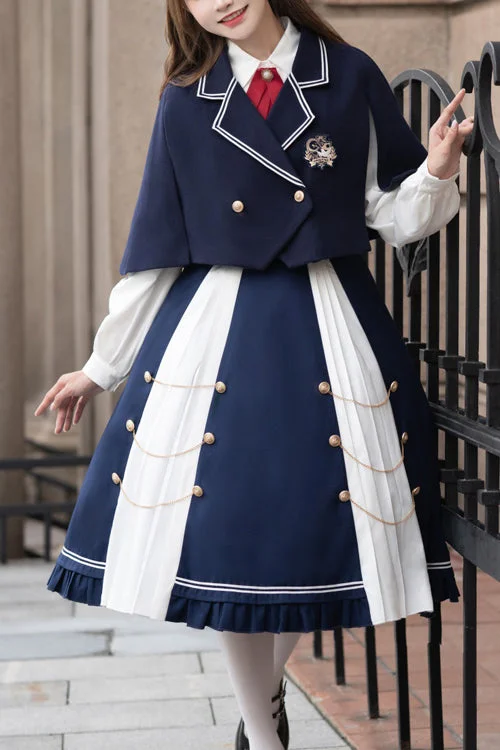 Spring unclassified dressesBlue/White Suit Collar Double Breasted High Waist College Style Sweet Lolita Dress Full Set Spring unclassified dresses