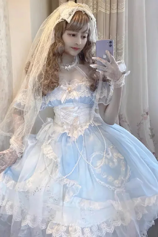 Satin unclassified dressesBlue/White [The Little Mermaid] Off Shoulder Halterneck Hanayome Bowknot Mesh Sweet Elegant Princess Lolita Dress Satin unclassified dresses