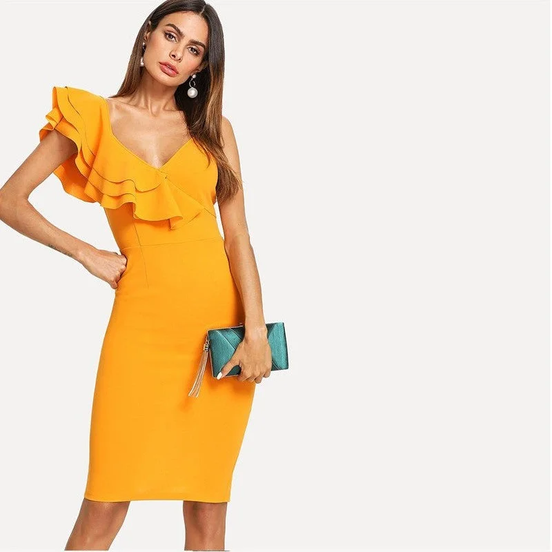 Comfortable unclassified dressesSleeveless Ruffle Layered Flounce Trim Split Back V Neck Dress Comfortable unclassified dresses