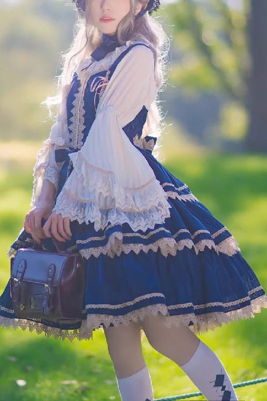 Smocked unclassified dressesDark Blue Three-section Cake Sleeveless Ribbon Sweet Lolita Tiered Dress Smocked unclassified dresses