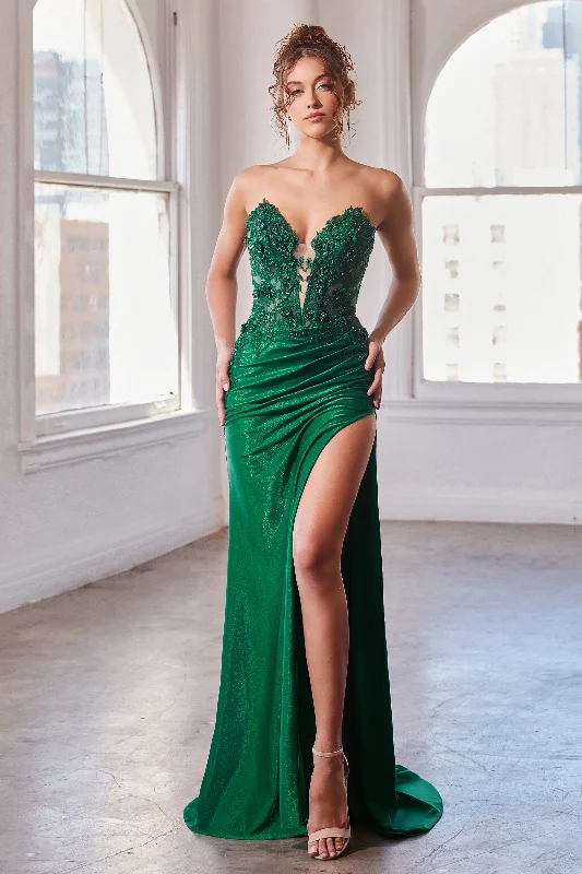 One-shoulder unclassified dressesFitted Applique Satin Strapless Slit Gown by Ladivine CDS465 One-shoulder unclassified dresses