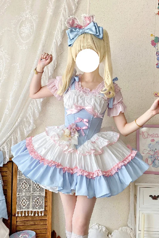 Sequin unclassified dressesLight-Blue/Pink/White [Fairy Tale Overture] Triple-Layered Ruffle Bowknot Fishbone Sweet Ballet Lolita Dress Sequin unclassified dresses