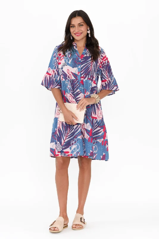 Ruched unclassified dressesSenna Blue Tropical Cotton Dress Ruched unclassified dresses