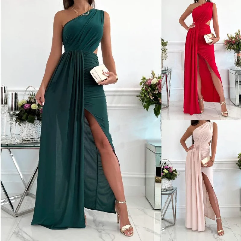 Sexy unclassified dressesSummer Sleeveless Slanted Shoulder Cutout Air Quality Slit Dress Sexy unclassified dresses