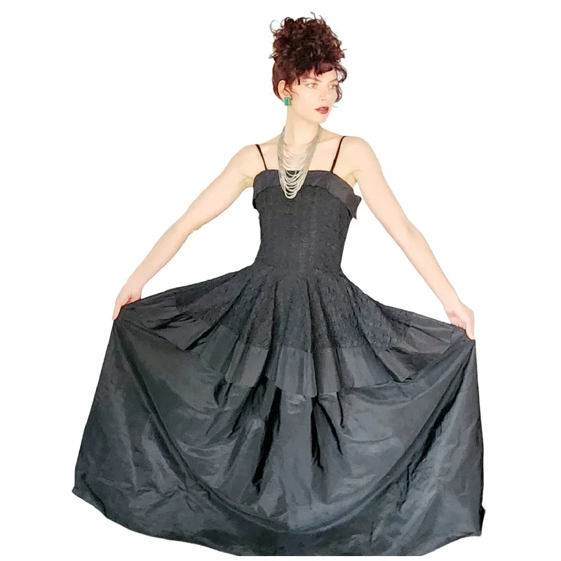 Wrap unclassified dresses1940s Black Evening Dress Crinkled Taffeta M Wrap unclassified dresses