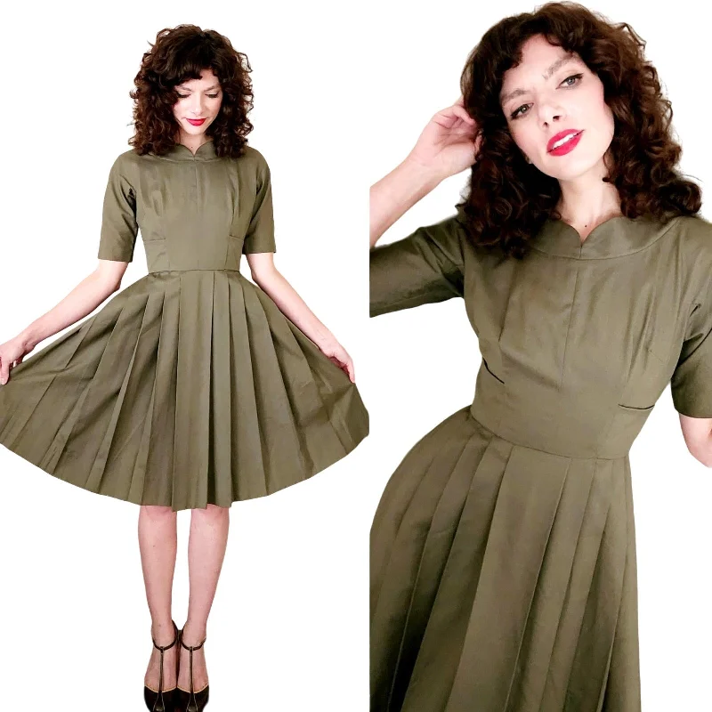 Fashionable unclassified dresses1950s Jacques Heim Couture Dress Olive Green Wool Fashionable unclassified dresses