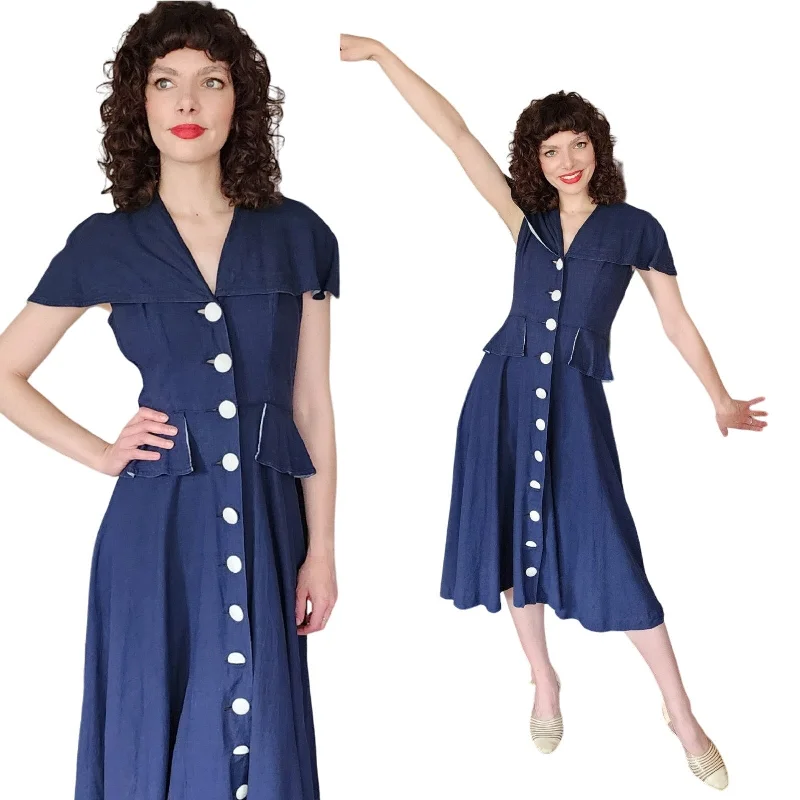 Long unclassified dressesVintage 40s Navy Blue Summer Dress White Buttons Shawl Collar Long unclassified dresses