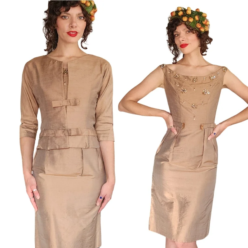 Engagement unclassified dressesVintage 50s Beige Silk Dress Suit w/Rhinestones Engagement unclassified dresses