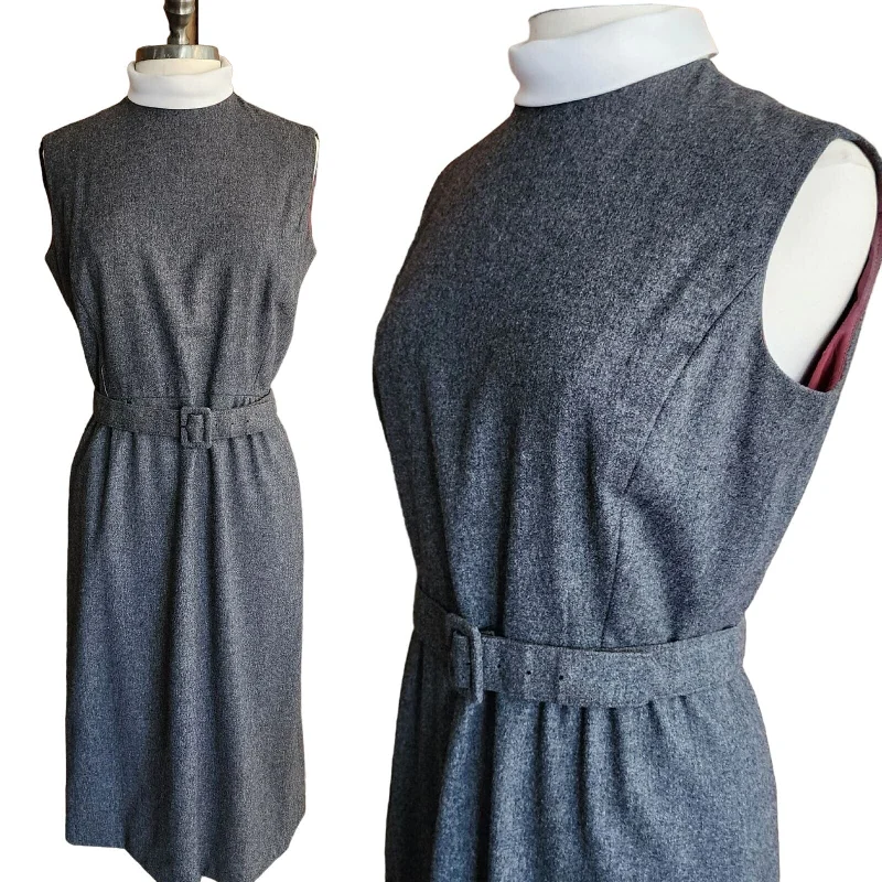 Travel unclassified dressesVintage 60s Gray Wool Day Dress Belted Sleeveless Stephan Casuals Travel unclassified dresses