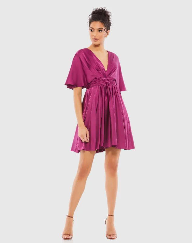 Purple Satin Flowy Cape Sleeve Mini Dress - FINAL SALE Skirt with Buttons