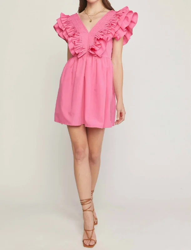 Kristen V-Neck Ruffle Sleeve Mini Dress In Pink Trendy Mini Skirt