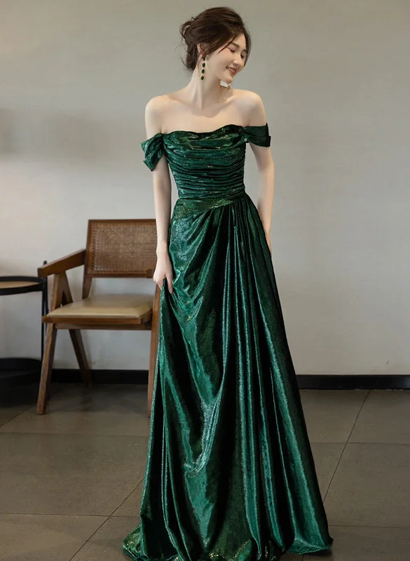 A-line Green Off Shoulder Simple Evening Dress, Green Long Prom Dress Maxi Skirt Party