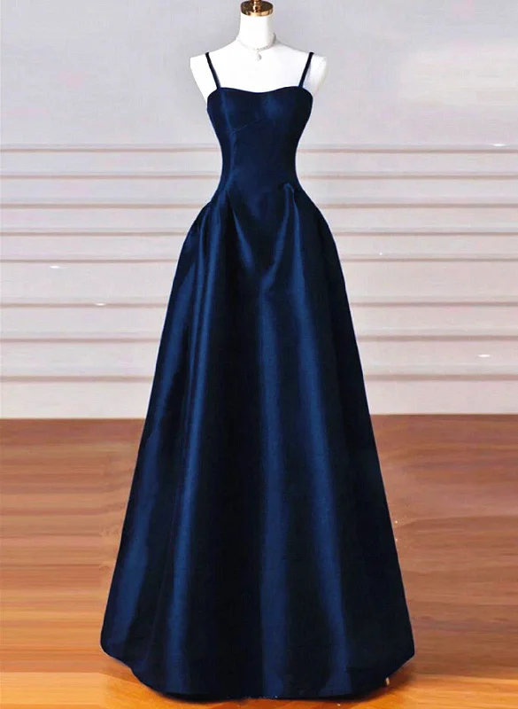 A-line Navy Blue Satin Straps Long Formal Dress, Navy Blue Prom Dress Wrap Maxi Skirt