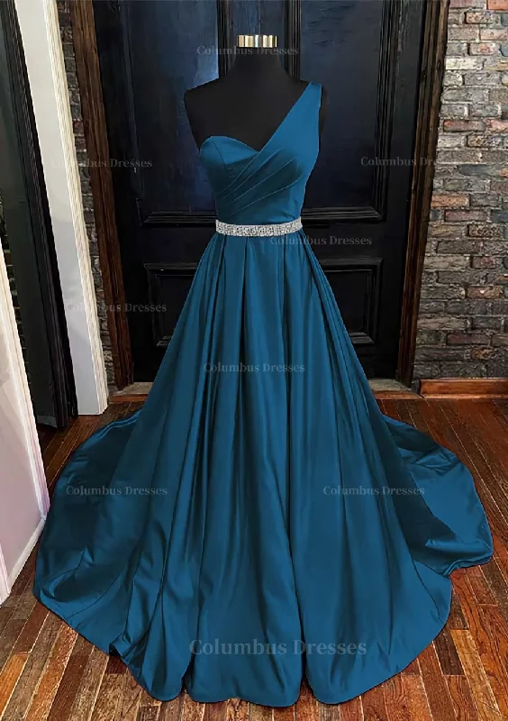 A-line One-Shoulder Sleeveless Satin Long/Floor-Length Prom Dress With Beading Pleated Embellished Maxi Skirt