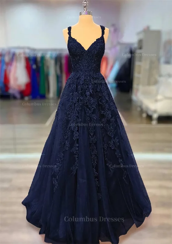 A-line V Neck Spaghetti Straps Long/Floor-Length Lace Prom Dress With Beading Midi Maxi Skirt