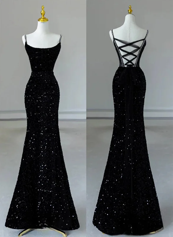 Black Mermaid Sequins Long Formal Dress, Black Straps Long Evening Dress Comfortable Maxi Skirt