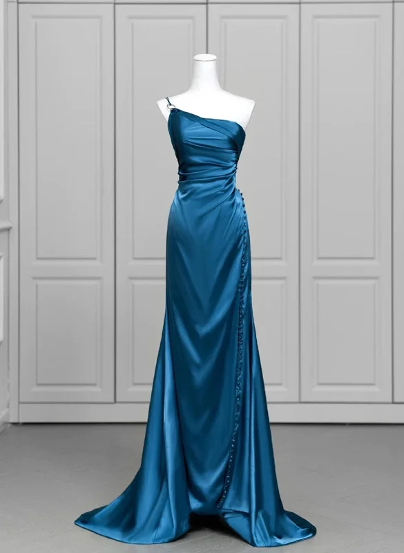 Blue Soft Satin Long Prom Dress with Leg Slit, Blue Evening Dress Formal Dress Button-down Maxi Skirt