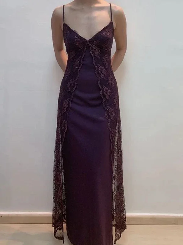 Charming V-neckline Purple Lace Straps A-line Prom Dress, Purple Long Formal Dress Long Floral Skirt