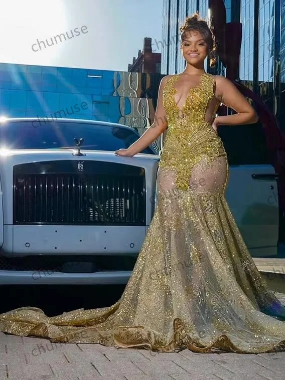 Gold O Neck Long Prom Dresses For Black Girls Beaded Crystal Rhinestone Birthday Luxury Dress Mermaid Graduation Gown Cozy Maxi Dress