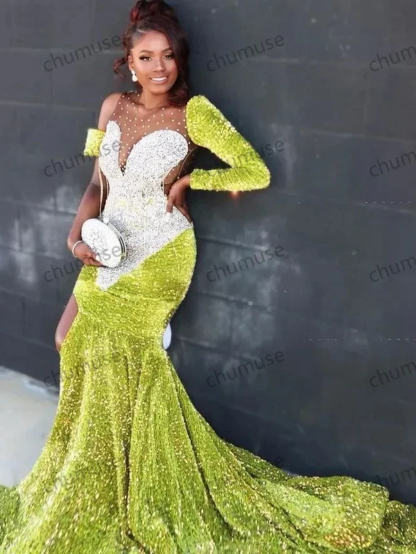 Green African American Prom Dresses Mermaid Long Sleeves Sequins Black Girls Evening Dresses Gown Button-down Maxi Skirt