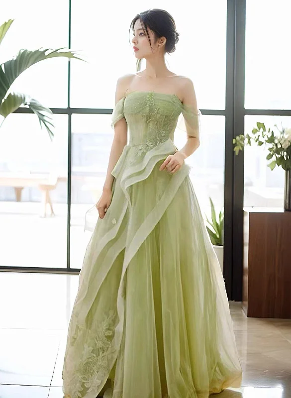 Green Off Shoulder Tulle with Lace A-line Prom Dress, Green Long Formal Gown Stylish Maxi Skirt