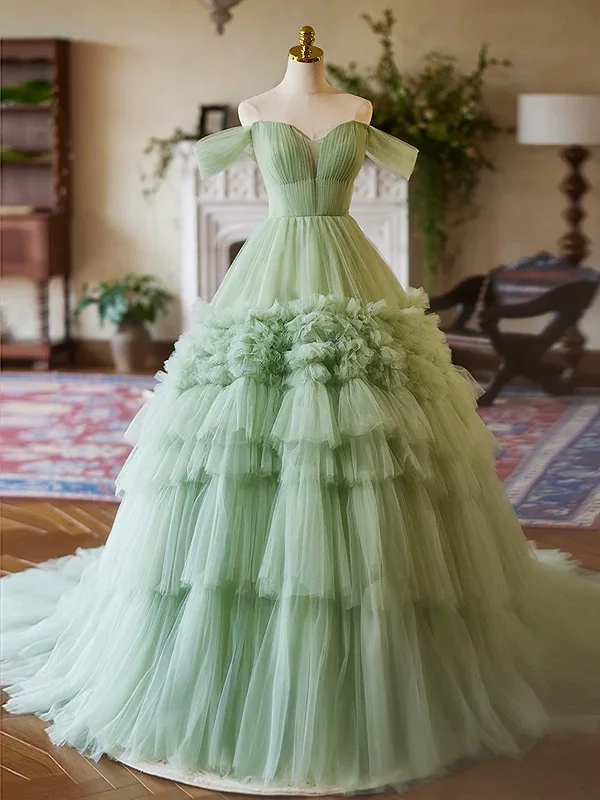 Green Sweetheart Tulle Off Shoulder Layers Long Formal Dress, Green Sweet 16 Dress Formal Maxi Skirt