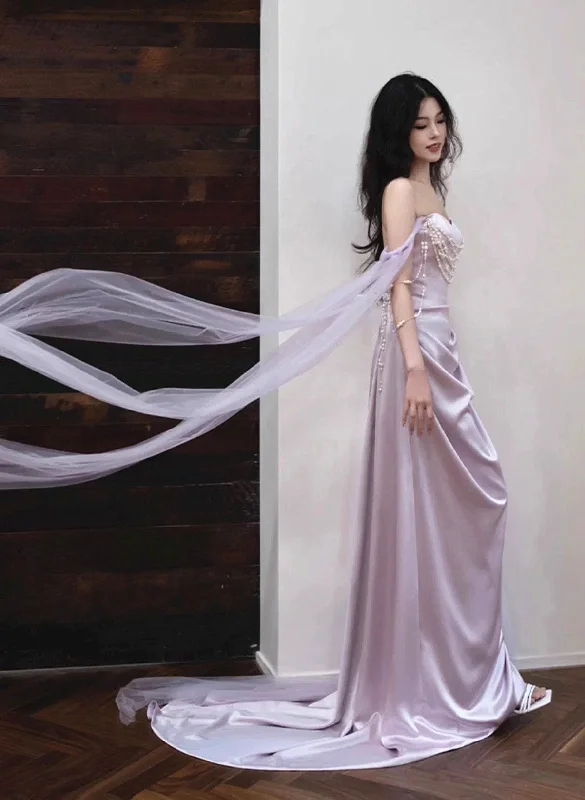 Light Purple Satin Long Evening Dress, Light Purple Sweetheart Prom Dress Plaid Maxi Skirt