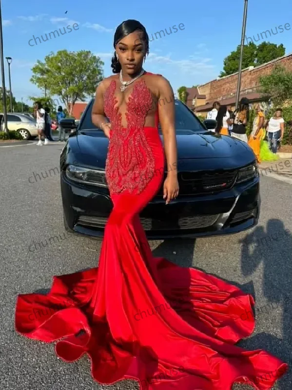 Luxury Red V Neck Sparkling Diamond Applique Evening Gowns New Black Girls Fishtail Long Prom Dresses Bohemian Maxi Skirt