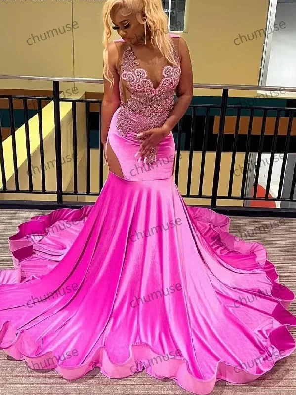 Pink Crystal Beading Long Mermaid Prom Dresses Black Girls Colorful Maxi Skirt