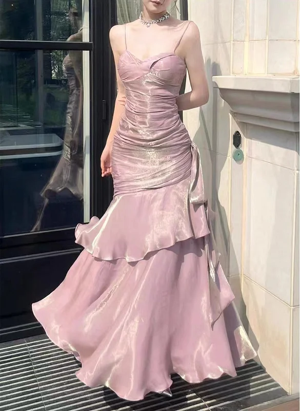 Pink Satin Mermaid Straps Long Formal Dress, Pink Floor Length Prom Dress Casual Maxi Outfit