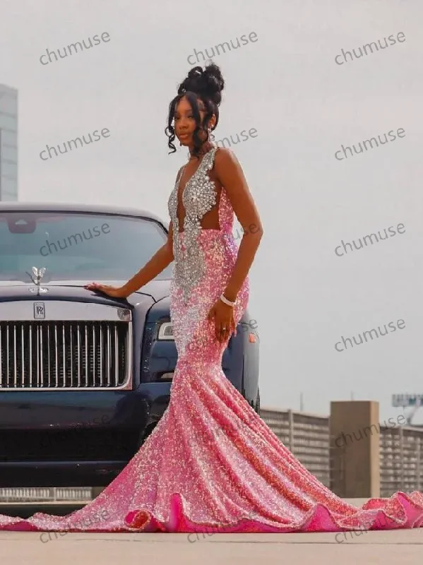 Pink Sparkly Long Mermaid Prom Ceremony Dresses for Black Girl Luxury Diamond Crystal Velvet Evening Birthday Gala Dress Chic Maxi Skirt