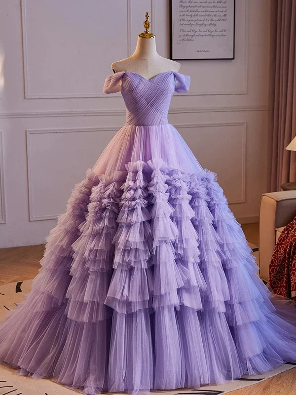 Purple Off Shoulder Sweetheart Tulle Sweet 16 Dress, Purple Tulle Long Prom Dress Button-up Maxi Skirt