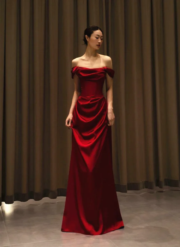 Wine Red Satin Off Shoulder Long Formal Gown, Wine Red Satin Prom Dress Elegant Long Skirt