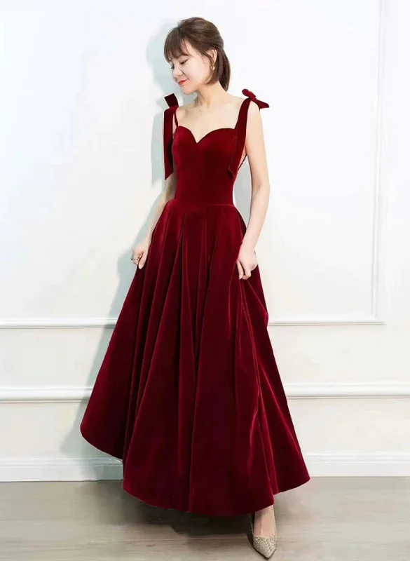 Wine Red Velvet Straps Sweetheart Long Prom Dress, Wine Red Velvet Evening Dress Front Slit Maxi