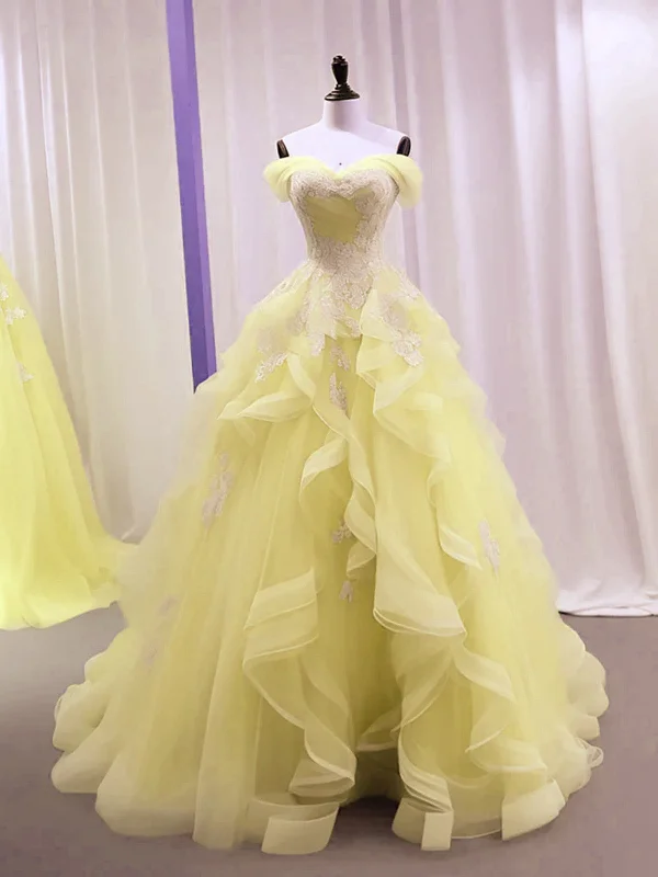 Yellow Tulle with Lace Sweetheart Long Formal Dress, Yellow Tulle Prom Dress Maxi Skirt Trendy