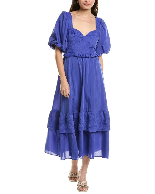 FARM Rio Bubble Sleeve Midi Dress Pleated A-line Skirt