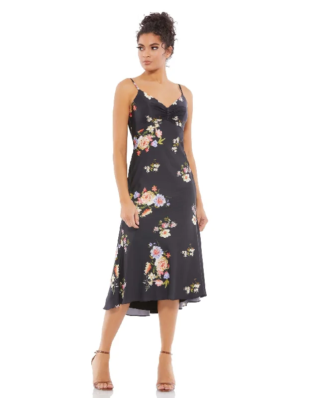 Floral Print Button Bodice Empire Midi Dress Vintage Midi Skirt