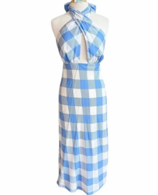 Women's Checkered Halter Midi Dress In Ivory/blue Front Button Midi