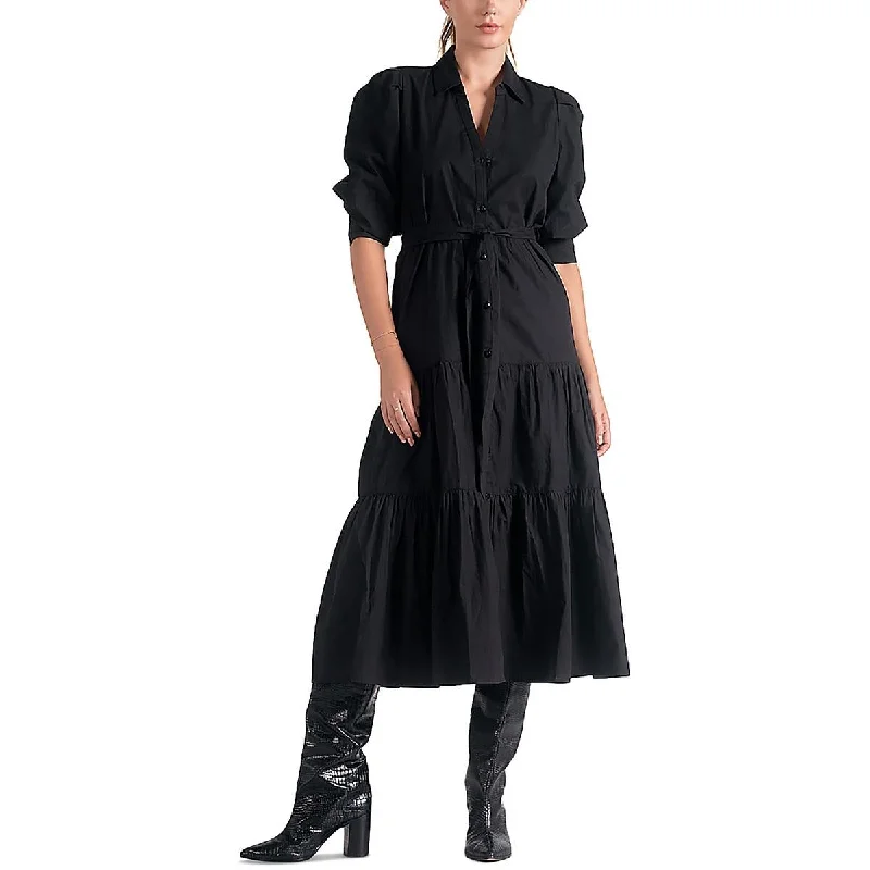 Womens Cotton Below Knee Midi Dress Elegant Satin Skirt