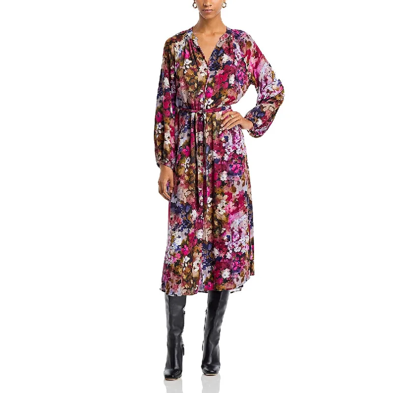 Womens Floral Button Up Midi Dress Bright Midi Skirt