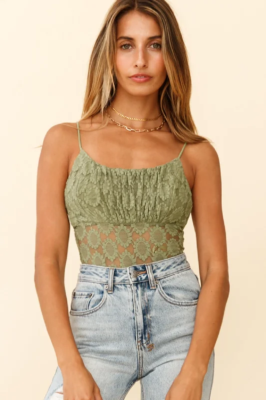 Dirty Dancing Ruched Bust Low-Back Lace Bodysuit Avocado Lace Dress Design