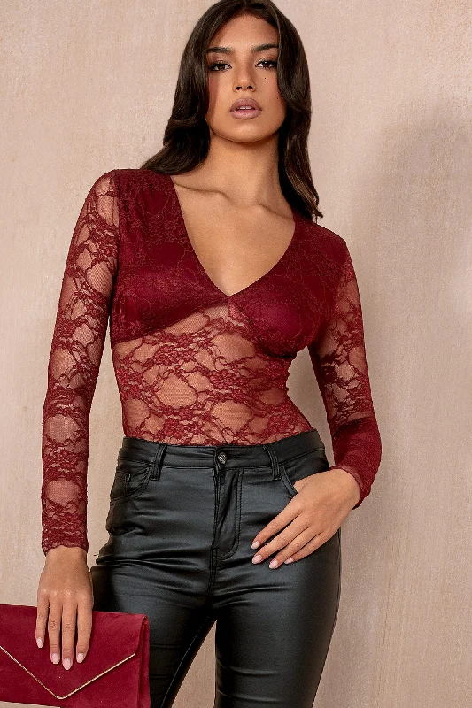 Floretta Burgundy Lace Bodysuit Lace Gown Style