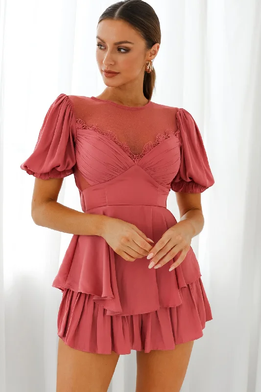 L'amour Lace Mesh Bust Puff Sleeve Romper Rose Lace Cocktail Gown