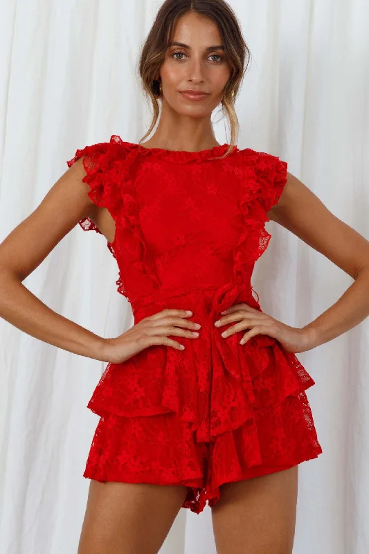 Spring Fling Frill Trim Waist Tie Lace Romper Red Lace Wedding Dress